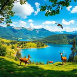 Create an image that is vibrant and full of life, showcasing a beautiful landscape with lush greenery, a serene blue lake, and a clear sky