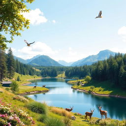 Create an image that is vibrant and full of life, showcasing a beautiful landscape with lush greenery, a serene blue lake, and a clear sky