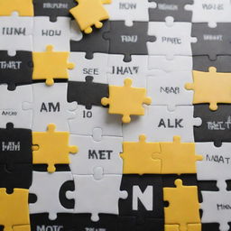 An intricate monochromatic puzzle in black, white, and pops of yellow, each piece portraying the distinct services offered by a social media manager such as content creation, analytics, community engagement, and marketing strategy.