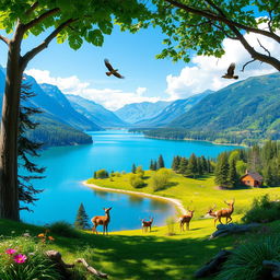 Create an image that is vibrant and full of life, showcasing a beautiful landscape with lush greenery, a serene blue lake, and a clear sky