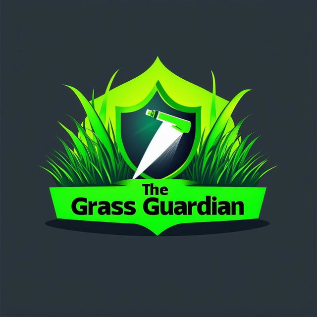 Design a vibrant and professional logo for 'The Grass Guardian' chemical lawn spray company, featuring elements like bright green grass, a shield, and a spray nozzle, with a bold color palette