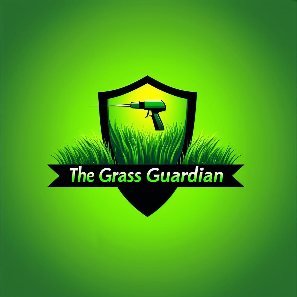 Design a vibrant and professional logo for 'The Grass Guardian' chemical lawn weed control company, featuring elements like bright green grass, a shield, and a spray nozzle, with a bold color palette