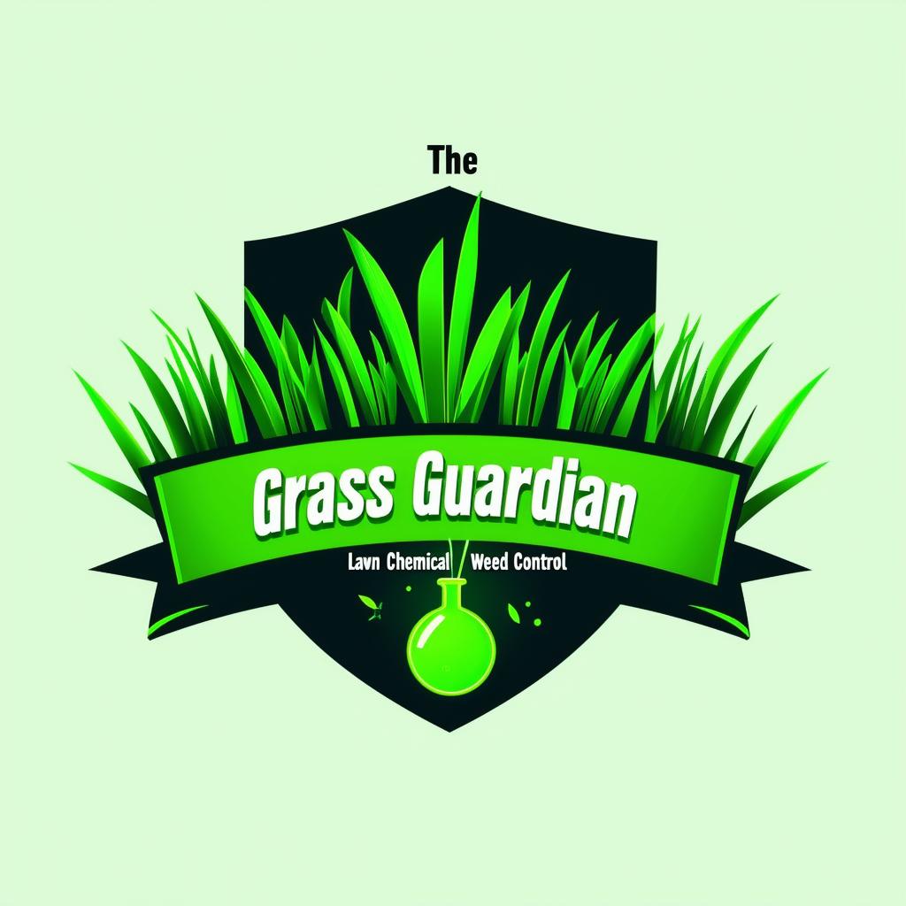 Design a vibrant and professional logo for 'The Grass Guardian' lawn chemical weed control company, featuring elements like bright green grass, a shield, and possibly a spray nozzle or chemical flask, with a bold color palette