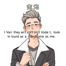 Create an image of a person who is very confident in their appearance, saying '我觉得长得没我本人帅气' which translates to 'I think they don't look as handsome as me'