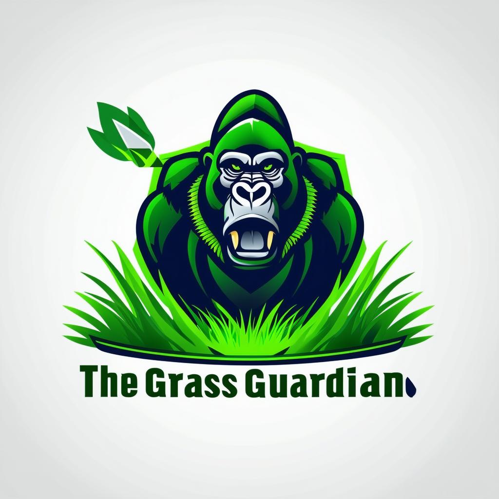 Design a vibrant and professional logo for 'The Grass Guardian' chemical lawn weed control company, featuring bright green grass, a shield, a spray nozzle or chemical flask, and a silverback gorilla, with a bold color palette