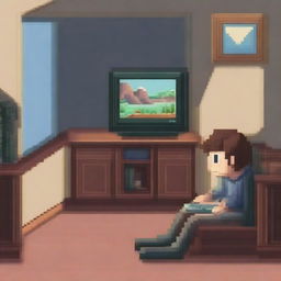 Create a pixel art image of a young guy sitting on the floor in his room, playing a game console on the TV