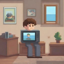 Create a pixel art image of a young guy sitting on the floor in his room, playing a game console on the TV