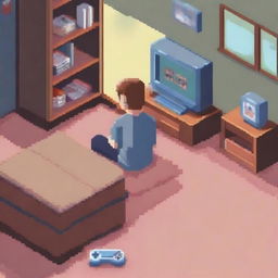 Create a pixel art image of a young guy sitting on the floor in his room, playing a game console on the TV