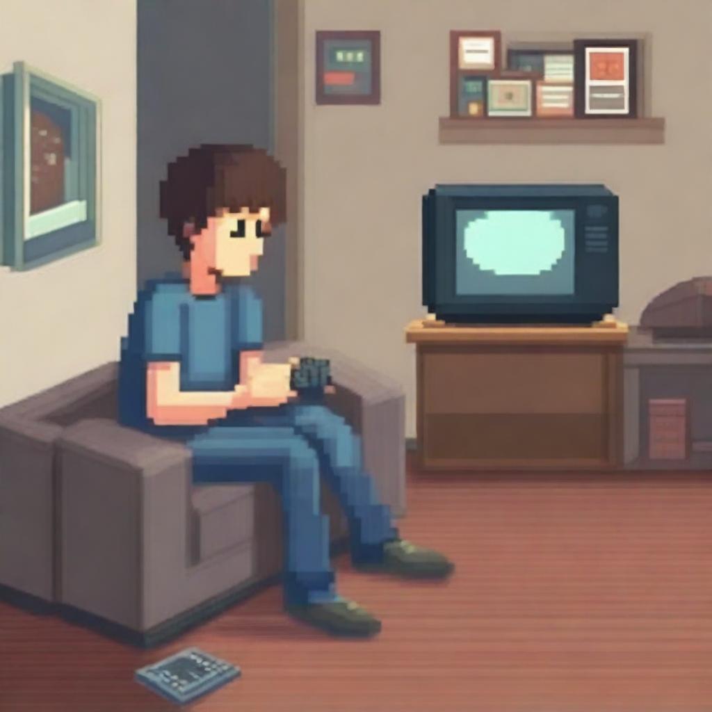 Create a pixel art image of a young guy sitting on the floor in his room, playing a game console on the TV