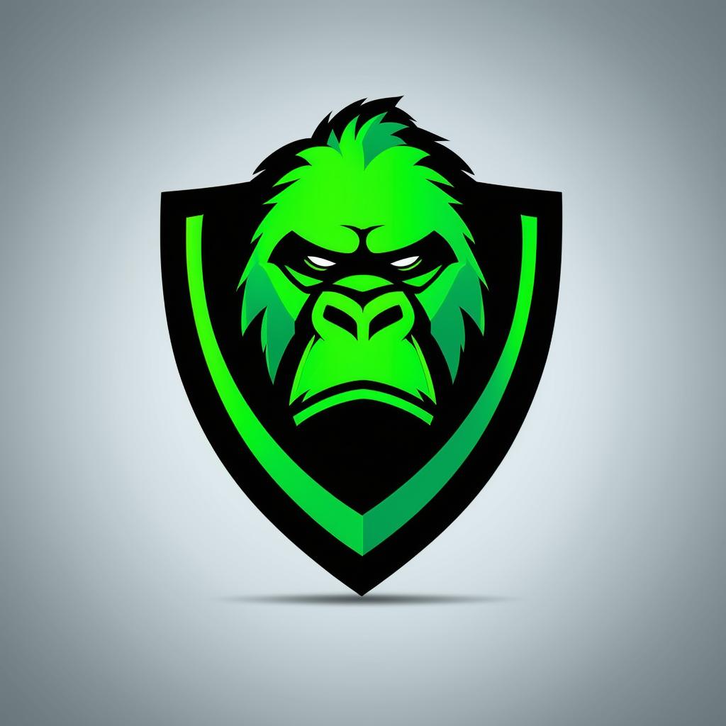 Design a vibrant and professional logo for 'The Grass Guardian' chemical lawn weed control company, featuring elements like bright green grass, a shield, a silverback gorilla, and possibly a spray nozzle or chemical flask, with a bold color palette