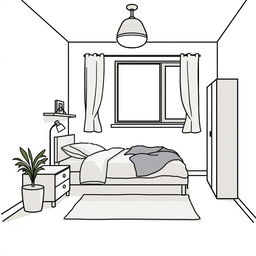 Diseña un dormitorio simple con una cama, una mesita de noche, una lámpara y una ventana