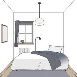 Diseña un dormitorio simple con una cama, una mesita de noche, una lámpara y una ventana