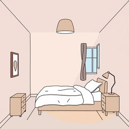 Diseña un dormitorio simple con una cama, una mesita de noche, una lámpara y una ventana