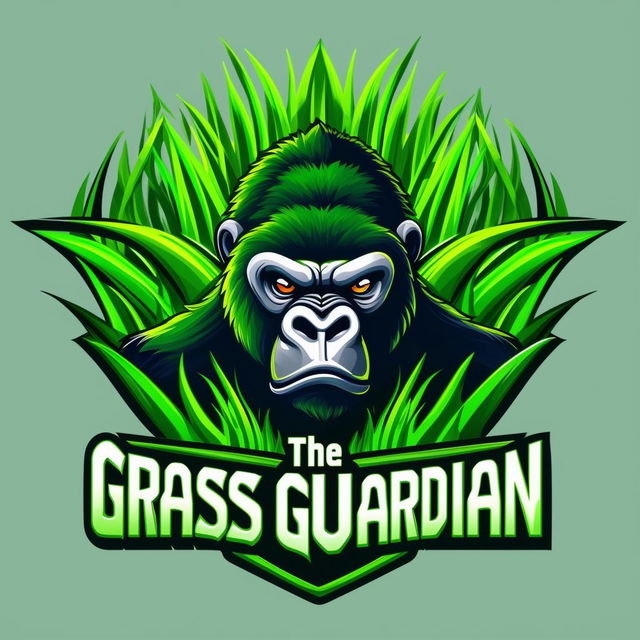 Design a vibrant and professional logo for 'The Grass Guardian' chemical lawn weed control company, featuring bright green grass, a shield, a silverback gorilla, and possibly a spray nozzle or chemical flask, with a bold color palette