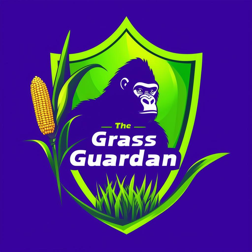 Design a vibrant and professional logo for 'The Grass Guardian' chemical lawn weed control company, featuring bright green grass, a shield, a silverback gorilla, a corn husk, and possibly a spray nozzle or chemical flask, with a bold color palette