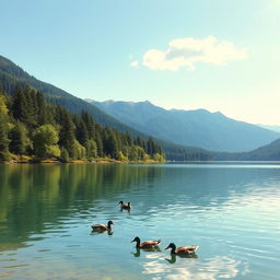 A serene landscape featuring a clear blue lake surrounded by lush green trees and mountains in the background