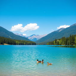 A serene landscape featuring a clear blue lake surrounded by lush green trees and mountains in the background