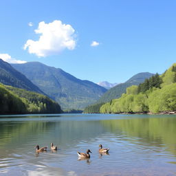 A serene landscape featuring a clear blue lake surrounded by lush green trees and mountains in the background