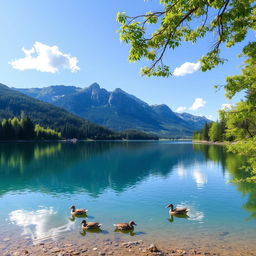 A serene landscape featuring a clear blue lake surrounded by lush green trees and mountains in the background