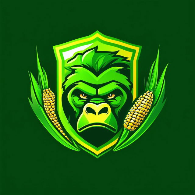 Design a vibrant and professional logo for 'The Grass Guardian' chemical lawn weed control company, featuring bright green grass, a shield, a silverback gorilla, a corn husk, and possibly a spray nozzle or chemical flask, with a bold color palette