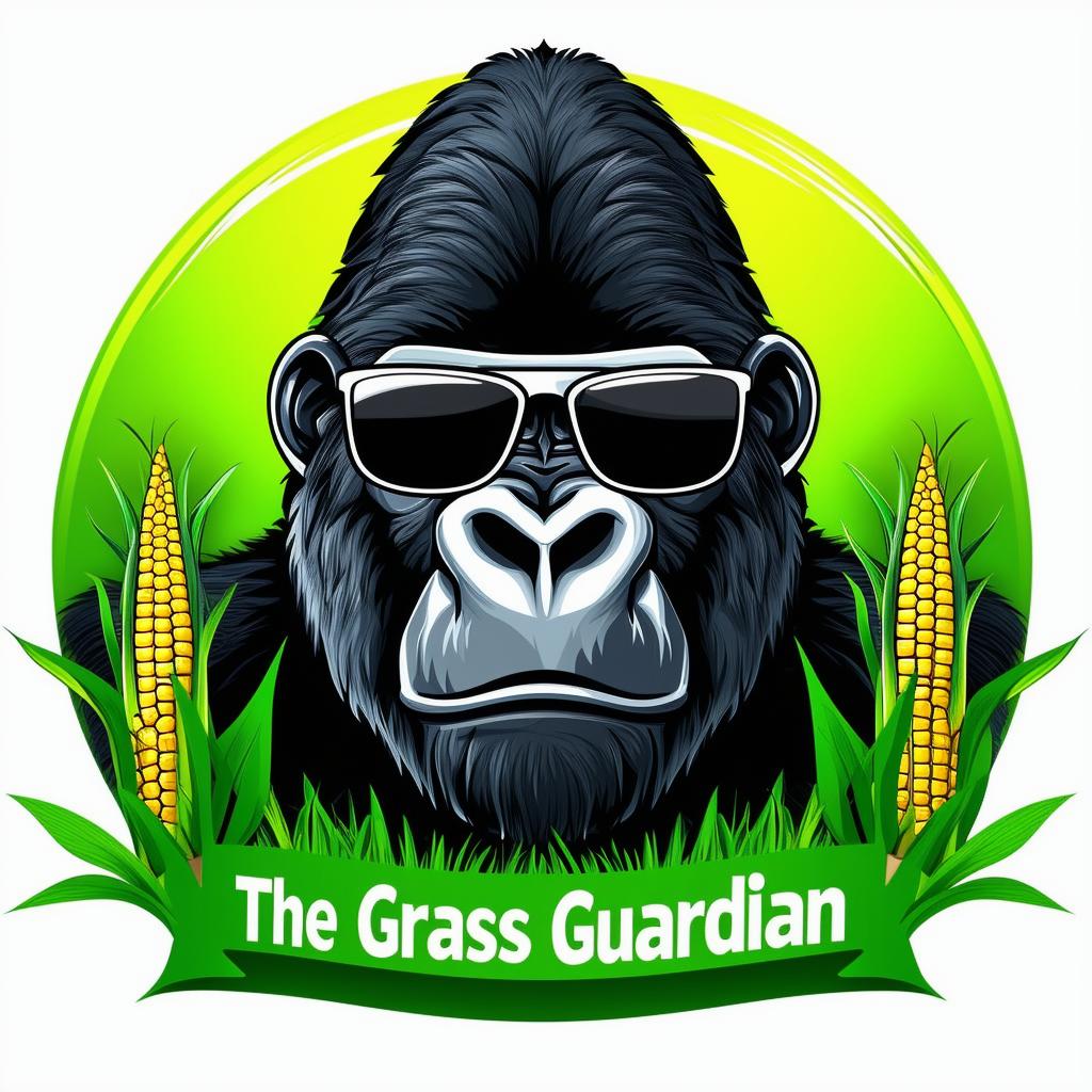 Design a vibrant and professional logo for 'The Grass Guardian' chemical lawn weed control company, featuring a silverback gorilla with sunglasses and a corn husk, bright green grass, and a bold color palette