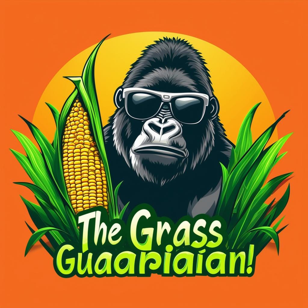 Design a vibrant and professional logo for 'The Grass Guardian' chemical lawn weed control company, featuring a silverback gorilla with sunglasses and a corn husk, bright green grass, and a bold color palette