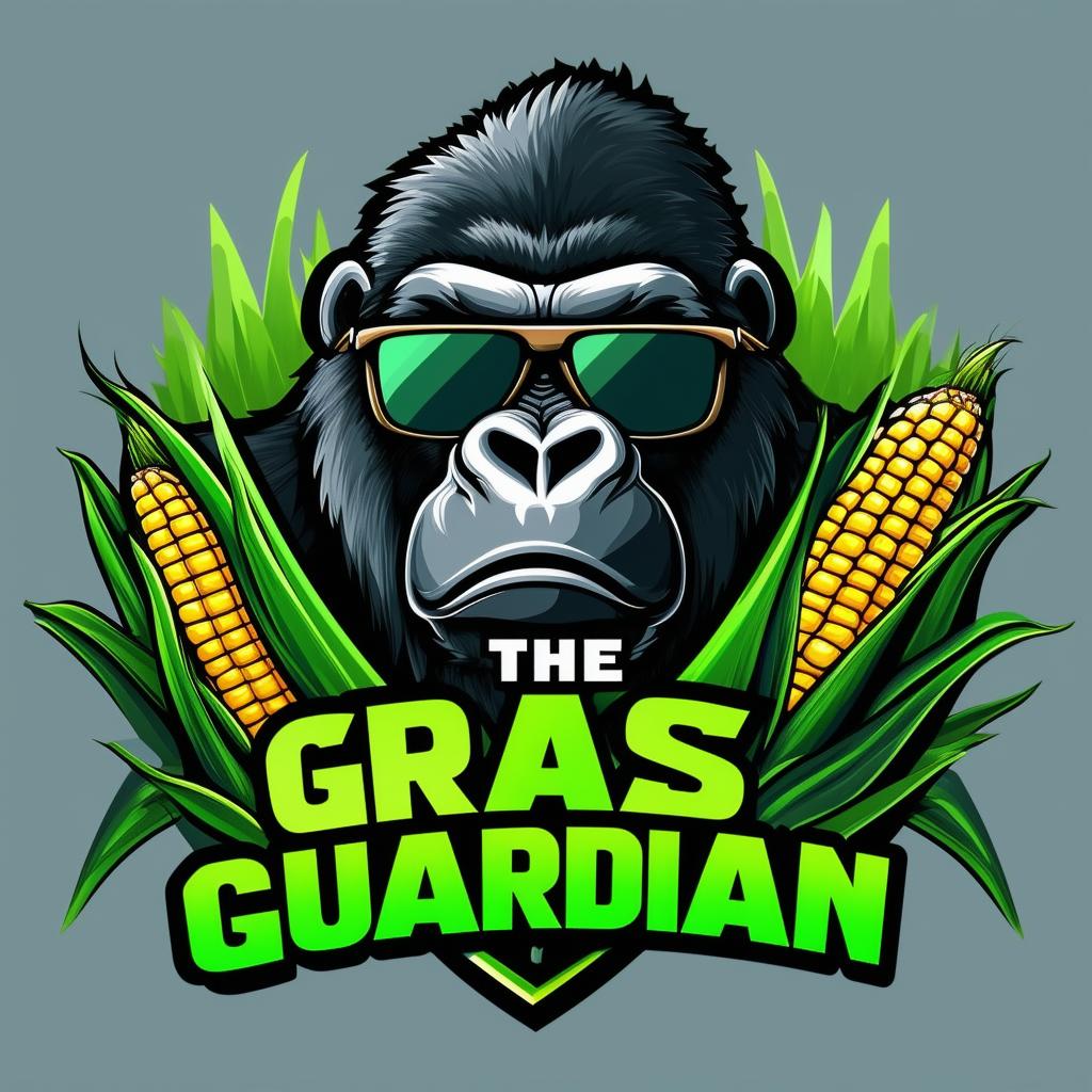 Design a vibrant and professional logo for 'The Grass Guardian' chemical lawn weed control company, featuring a silverback gorilla with sunglasses and a corn husk, along with elements like bright green grass and a shield, with a bold color palette