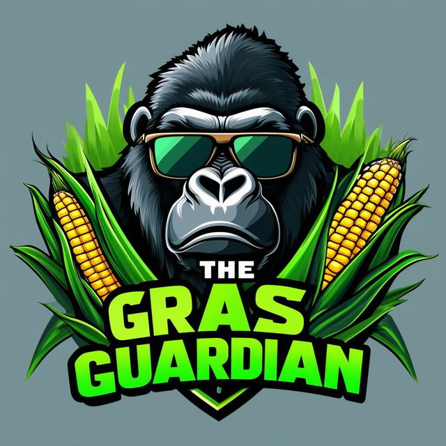 Design a vibrant and professional logo for 'The Grass Guardian' chemical lawn weed control company, featuring a silverback gorilla with sunglasses and a corn husk, along with elements like bright green grass and a shield, with a bold color palette