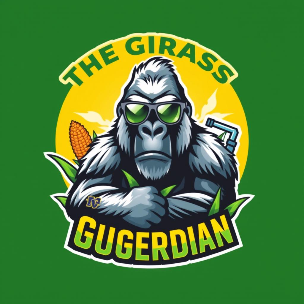 Design a vibrant and professional logo for 'The Grass Guardian' chemical lawn weed control company, featuring a silverback gorilla with sunglasses and a corn husk, along with elements like bright green grass and possibly a spray nozzle or chemical flask, with a bold color palette