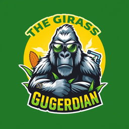 Design a vibrant and professional logo for 'The Grass Guardian' chemical lawn weed control company, featuring a silverback gorilla with sunglasses and a corn husk, along with elements like bright green grass and possibly a spray nozzle or chemical flask, with a bold color palette