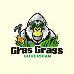 Design a vibrant and professional logo for 'The Grass Guardian' chemical lawn weed control company, featuring a silverback gorilla with sunglasses and a corn husk, along with elements like bright green grass and possibly a spray nozzle or chemical flask, with a bold color palette