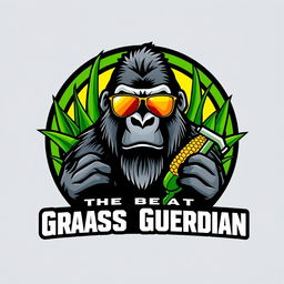 Design a vibrant and professional logo for 'The Grass Guardian' chemical lawn weed control company, featuring a silverback gorilla with sunglasses and a corn husk, along with elements like bright green grass and possibly a spray nozzle or chemical flask, with a bold color palette