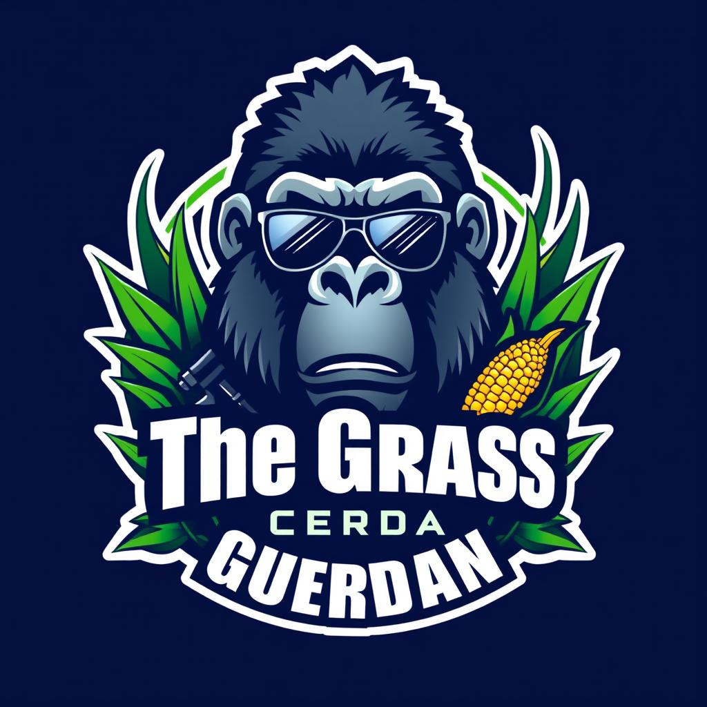 Design a vibrant and professional logo for 'The Grass Guardian' chemical lawn weed control company, featuring a silverback gorilla with sunglasses and a corn husk, along with elements like bright green grass and possibly a spray nozzle or chemical flask, with a bold color palette