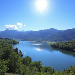 A serene landscape featuring a calm lake surrounded by lush green trees and mountains in the background under a clear blue sky