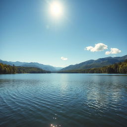 A serene landscape featuring a calm lake surrounded by lush green trees and mountains in the background under a clear blue sky