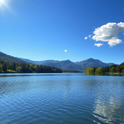 A serene landscape featuring a calm lake surrounded by lush green trees and mountains in the background under a clear blue sky