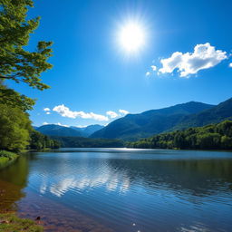 A serene landscape featuring a calm lake surrounded by lush green trees and mountains in the background under a clear blue sky