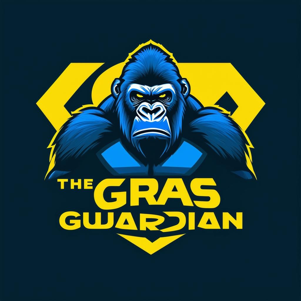 Create a logo for 'The Grass Guardian' featuring the Superman symbol with a silverback gorilla inside, symbolizing strength and protection