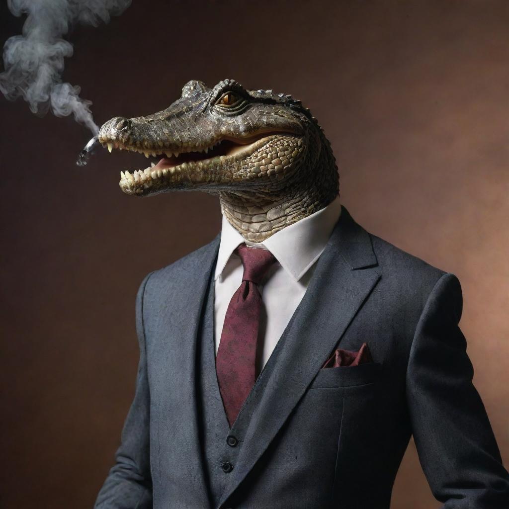 Ultra realistic gangster-style crocodile dressed in a sharp, fitting tailored suit, smoke rhythmically exhaling from an antique pipe