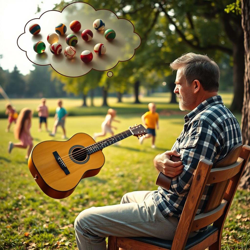 A man playing a guitar and thinking about children playing marbles and soccer