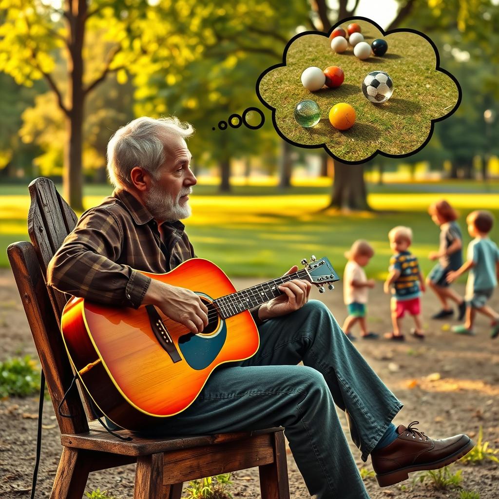 A man playing a guitar and thinking about children playing marbles and soccer