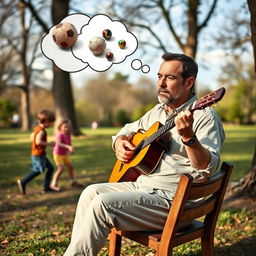 A man playing a guitar and thinking about children playing marbles and soccer