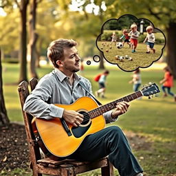 A man playing a guitar and thinking about children playing marbles and soccer