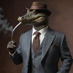 Ultra realistic gangster-style crocodile dressed in a sharp, fitting tailored suit, smoke rhythmically exhaling from an antique pipe