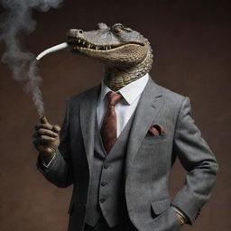 Ultra realistic gangster-style crocodile dressed in a sharp, fitting tailored suit, smoke rhythmically exhaling from an antique pipe