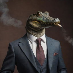 Ultra realistic gangster-style crocodile dressed in a sharp, fitting tailored suit, smoke rhythmically exhaling from an antique pipe