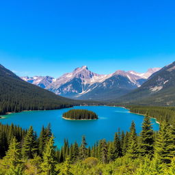 A beautiful landscape featuring a serene lake surrounded by lush green forests and majestic mountains in the background under a clear blue sky