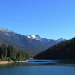 A beautiful landscape featuring a serene lake surrounded by lush green forests and majestic mountains in the background under a clear blue sky