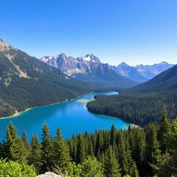 A beautiful landscape featuring a serene lake surrounded by lush green forests and majestic mountains in the background under a clear blue sky