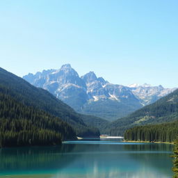 A beautiful landscape featuring a serene lake surrounded by lush green forests and majestic mountains in the background under a clear blue sky